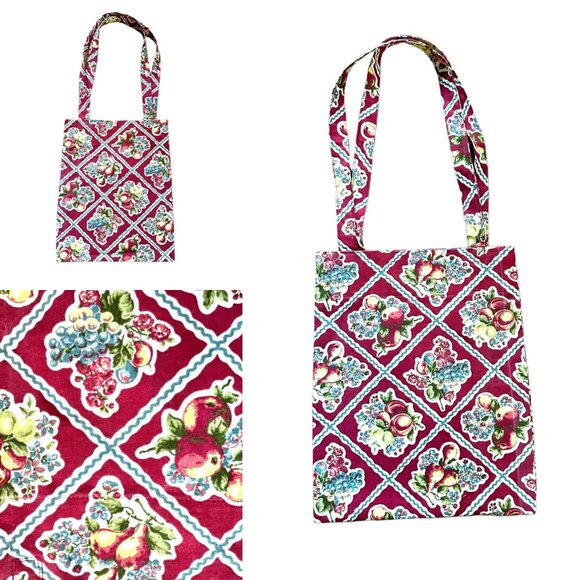 Side Eye Bird Handmade Tote Bag Fruit Print Floral Muted Red Canvas Market - Picture 3 of 9